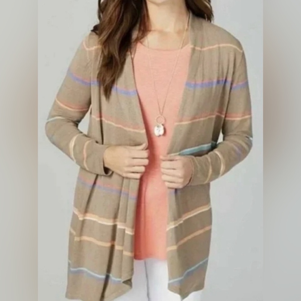 J Jill Linen Blend Tan Pastel Stripe Cardigan/Duster- Large